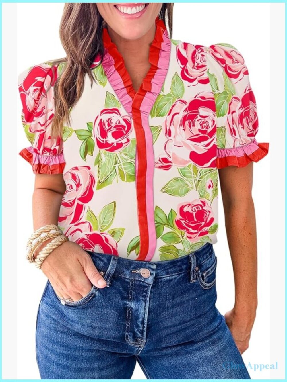 Women's Floral Puff Sleeve Ruffle V-Neck Button Down Blouse Boho Top